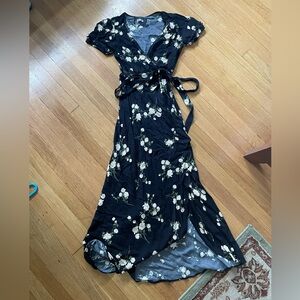 Reformation long black floral wrap dress